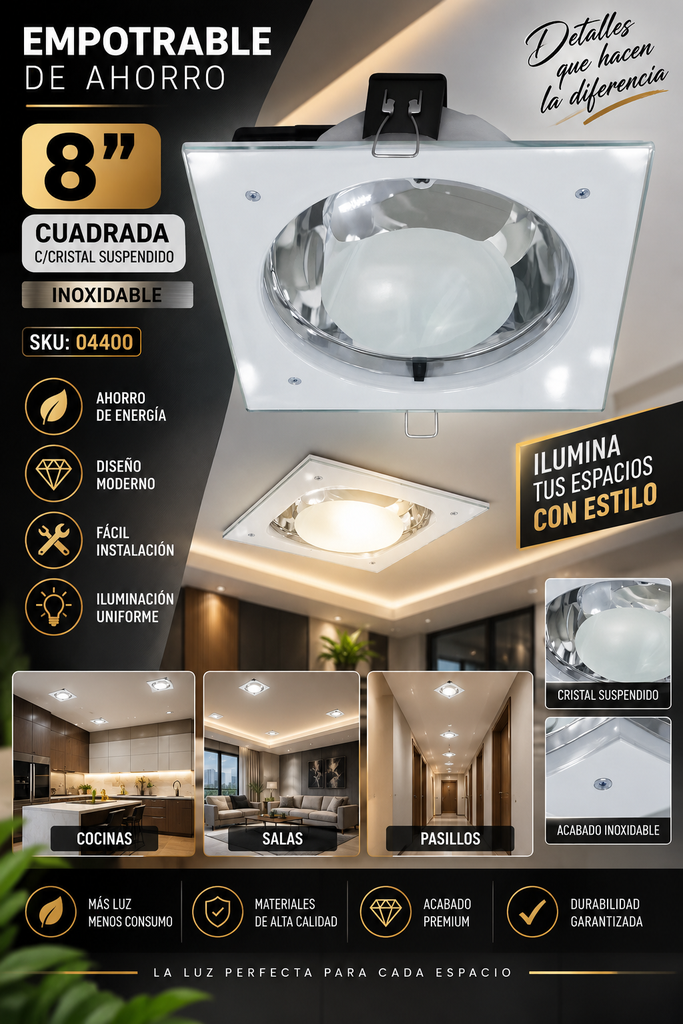 Empotrable de Ahorro 8″ C/Cristal Suspendido Cuadrada Inoxidable
