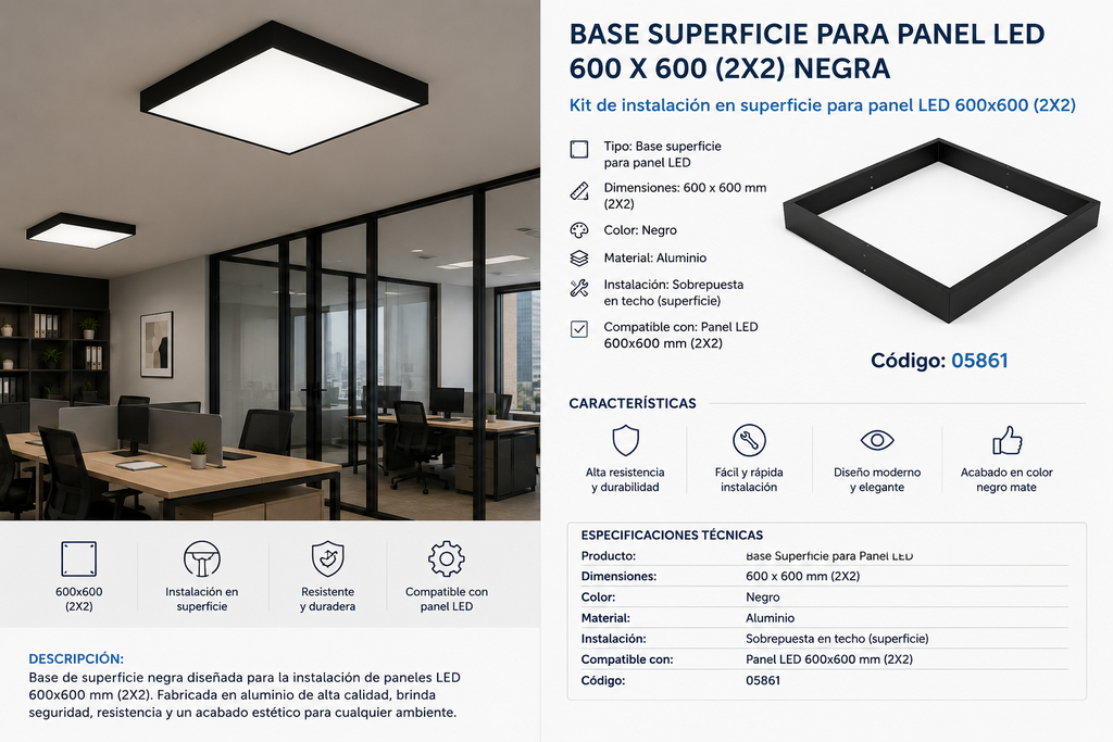 Base Superficie 600 X 600 (2X2) Negra de Panel B29751 KIT ROOM