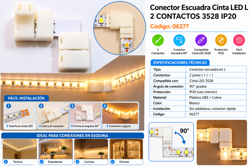 Conector Escuadra Cinta LED L 2 CONTACOTS 3528 IP20