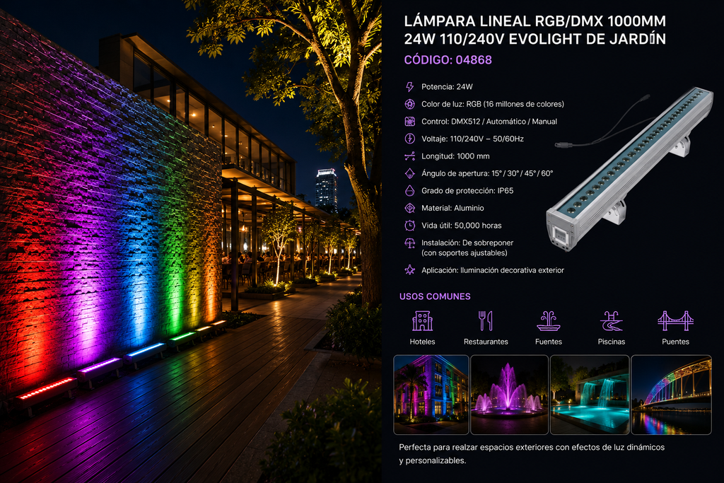 Lampara Lineal RGB/DMX 1000MM 24W 110/240V EVOLIGHT de Jardín (outlet)