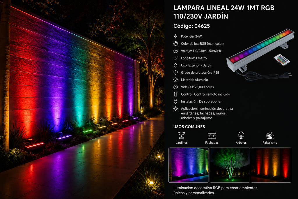 Lampara Lineal 24W 1MT RGB 110/230V Jardín