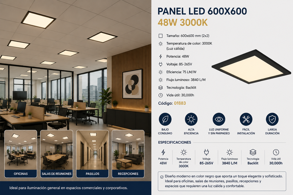 Panel 600X600 3000K 48w B29762 BK 85-265V 75/lm/w 3840 L/M backlit Negro Roomlux 30,000h