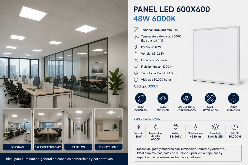 Panel 600X600 6000K 48w B29762 85-265V 75/LM/W 4320L/M Backlit Blanco Roomlux 30,000h