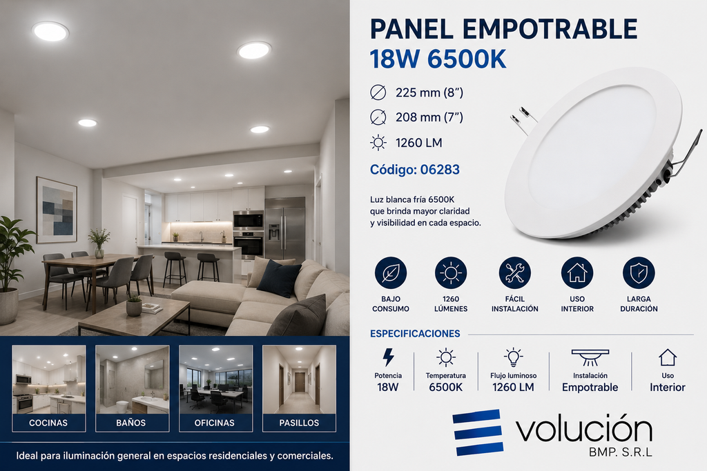 Panel Empotrable 18W 6500K 225mm (8¨) 208 mm (7¨) 1260 lm B29705 ROOMLUX