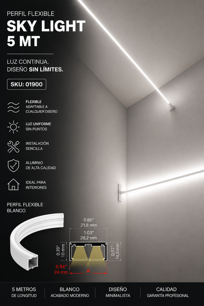 Perfil Flexible Blanco SKY LIGHT 5 MT con Terminales 2 CNT Ancho