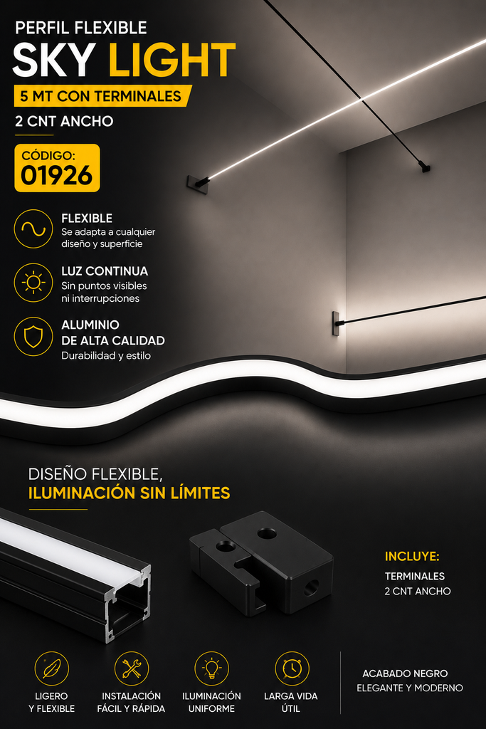 Perfil Flexible Negro Sky LIGHT 5 MT con Terminales 2 CNT Ancho