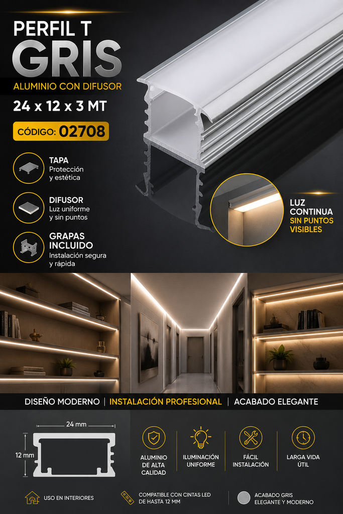 Perfil T Gris 24 x 12 x 3 MT Aluminio con Difusor