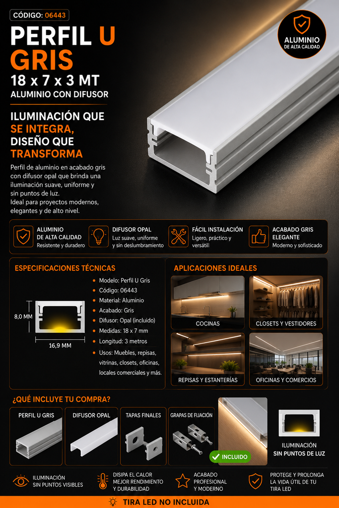 Perfil U Gris 18 x 7 x 3 MT Aluminio con Difusor