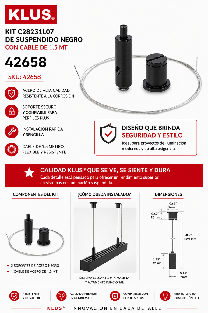 Kit C28231L07 de Suspendido Negro con Cable de 1.5 MT KLUS