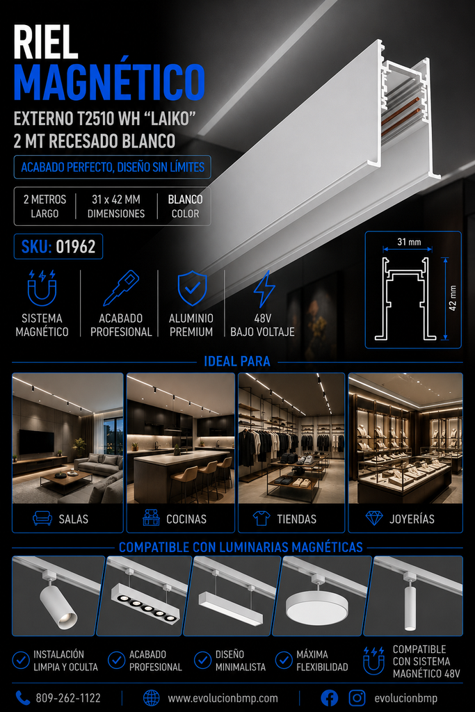 Riel Magnético Externo T2510 WH LAIKO 2 MT 31*42 mm Recesado Blanco