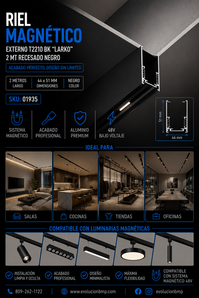 Riel Magnético Externo T2210 BK "LARKO" 2 MT 44*51 mm Recesado Negro