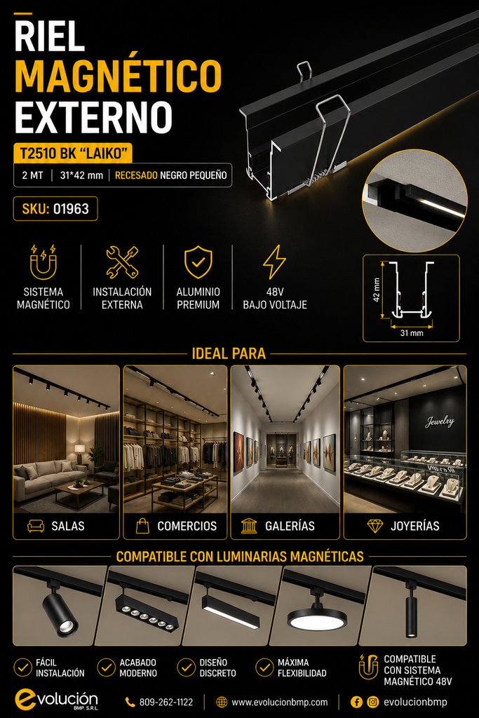 Riel Magnético Externo T2510 BK "LAIKO" 2 MT 31*42 mm Recesado Negro Pequeño
