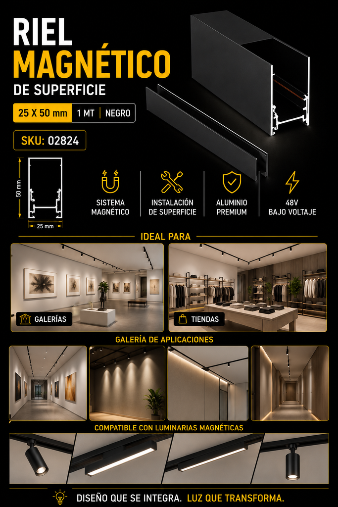 Riel Magnético de Superficie 25*50*1MTS Negro