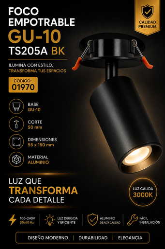[01970] Foco Empotrable GU-10 TS205A BK Negro 55 x 150 mm (50 mm) Aluminio