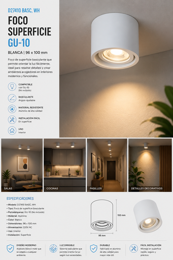 [06749] Foco Superficie GU-10 D27410 Basculante WH Blanca 96X100 POLY ROOMLUX