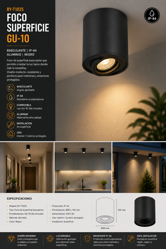 [06661] Foco Superficie GU-10 BY-T1025 Negro Basculante Negro ip-44 aluminio