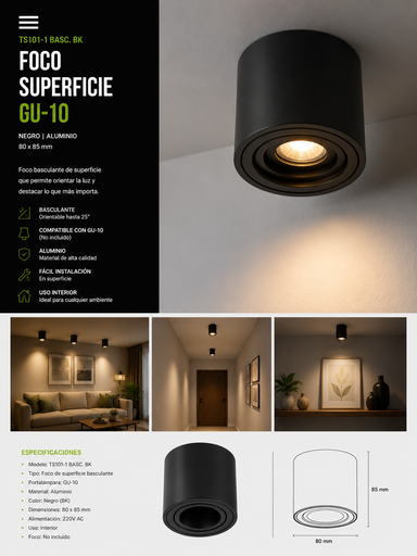 [01981] Foco Superficie GU-10 TS101-1 Basculante Negra 80*85 Aluminio