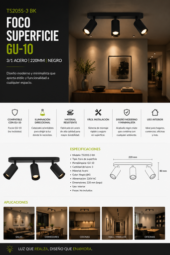 [01982] Foco Superficie GU-10 TS205S-3 BK Negro 3/1 Acero 220MM
