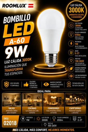 [02018] Bombillo 9w 3000k E-27 A-60 810lm 100-265V B15580 ROOMLUX