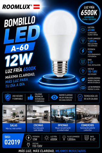 [02019] Bombillo 12W 6500K E-27 1,055lm A-60 110-13V B15580 ROOMLUX