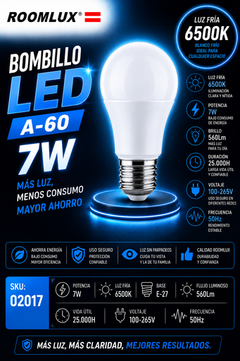 [02017] Bombillo 7w 6500k E-27 A-60 100-265V 560Lm 25000H 50Hz B15580- ROOMLUX