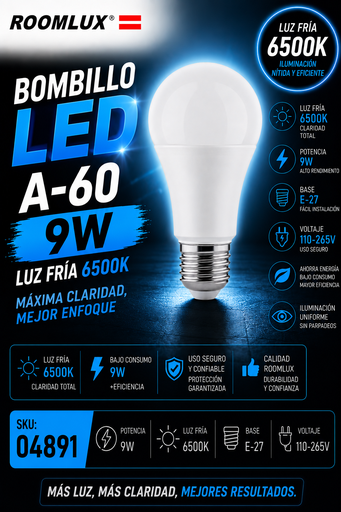 [04891] Bombillo 9W 6500K E-27 A-60 110-265V B15580 ROOMLUX