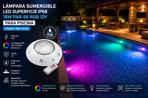 [050-03445] Lampara Sumergible LED Superficie IP68 18W PAR-56 RBG 12V P/Piscina