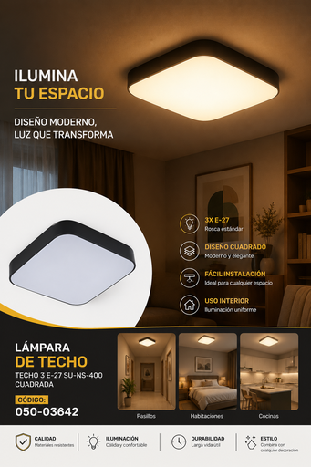 [050-03642] Lampara Techo 3 E-27 SU-NS-400 Cuadrada