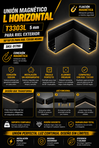 [01799] Unión Magnético L Horizontal T3303L para Riel Exterior 5MM 50*50*25 para Riel T3510D Negro