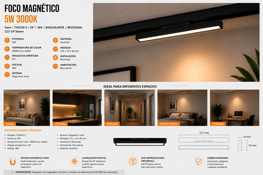 [01791] Foco Magnético 5w 3000k 5mm TX3530-5 121*14*36mm 24° 48v Basculante Recesada