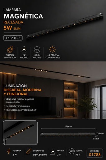 [01788] Lampara Magnética 5W 5mm TX3610-5 276*4.5*18mm 24° 48v Recesada