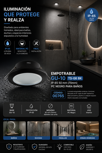 [00765] Empotrable Gu-10 TS-06 BK IP-65 92 mm (70mm) PC Negro para Baños