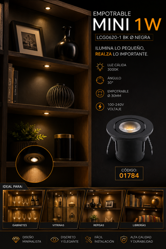 [01784] Empotrable Mini 1w 3000K LCG0620-1 BK Ø negra Ø 30MM 30° 100-240V