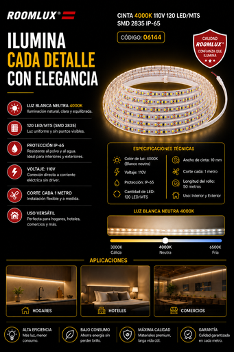 [06144] Cinta 4000K 110V 120 LED/MTS SMD 2835 IP-65 ROOMLUX B22301