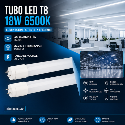 [00412] Tubo LED 18w 6500K Clear T8 G-13 B25515 90-277v 2520 lm Vidrio 140 LM/W ROOMLUX