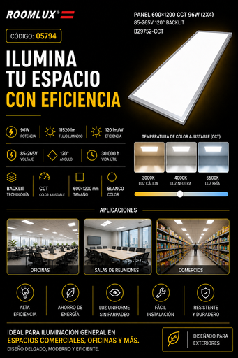 [05794] Panel 600x1200 CCT 96W (2X4) 85-265V 120° Backlit B29752-CCT ROOMLUX