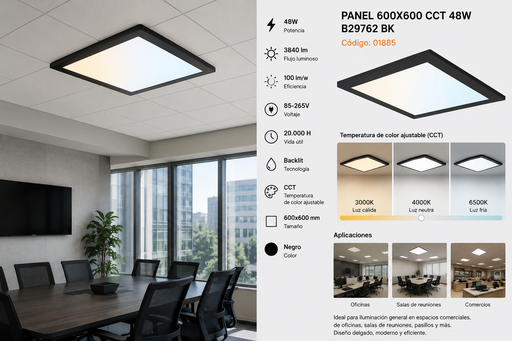 [01885] Panel 600X600 CCT 48W B29762 BK 85-265V 100/LM/W 3840 L/M Backlit Negro Roomlux 20000H
