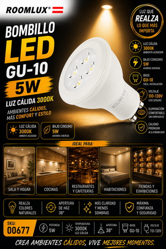 [00677] Bombillo 5W 3000k GU-10 B05520 110-130V ROOMLUX