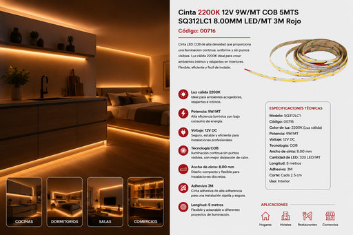 [00716] Cinta 2200K 12V 9W/MT COB 5MTS SQ312LC1 8.00MM LED/MT 3M Rojo