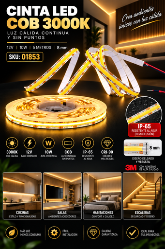 [01853] Cinta 3000K 12V 10w COB COB528108-SC 5mts 8 mm CRI-90 3M Rojo IP-65 Termofusión