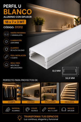 [01312] Perfil U Blanco 18 x 7 x 3 MT Aluminio con Difusor