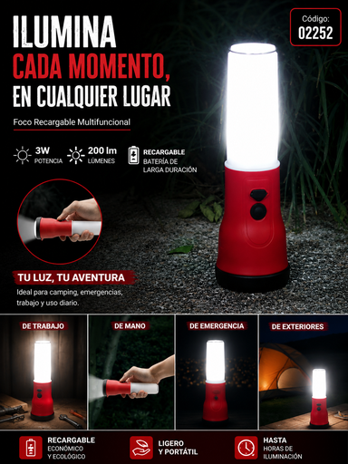 [02252] Foco Recargable Multifuncional de 3w 200 lm Rojo de Trabajo B43344 ROOMLUX