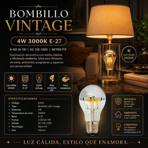 [01822] Bombillo 4w 3000k E-27 VINTAGE GOLD A-60 (A-19) AC-110-130V CON RETRO FIT (ILUMINACIÓN