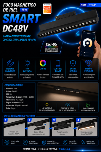 [02135] Foco Magnético de Riel 18W SMART DC48V CRI-95 TUYA APP