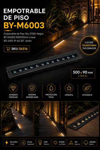 [06516] Empotrable de Piso 12w 2700k Negra BY-M6003 500X90mm Lineal 85-245V IP-65 30º Jardín