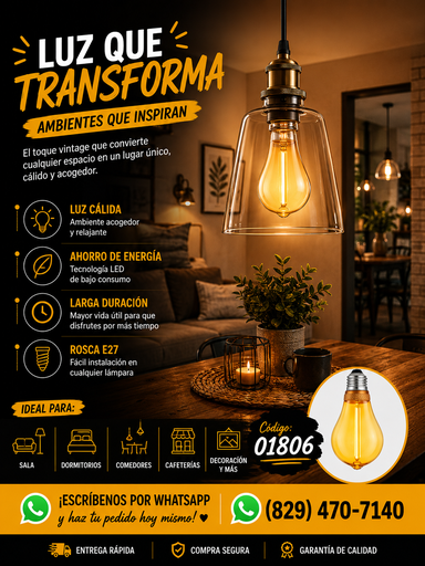 [01806] Bombillo 2w 1800k E-27 BY-A60OFA Vintage A60 Ambar 110V-130V