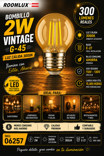 [06257] Bombillo 2w 3000k E-27 B17300 Vintage G-45 110V-130V ROOMLUX