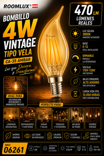 [06261] Bombillo 4W 3000k E-12 Vintage T/Vela CA-35 B70157 Dimiable 110V-130V ROOMLUX Ambar