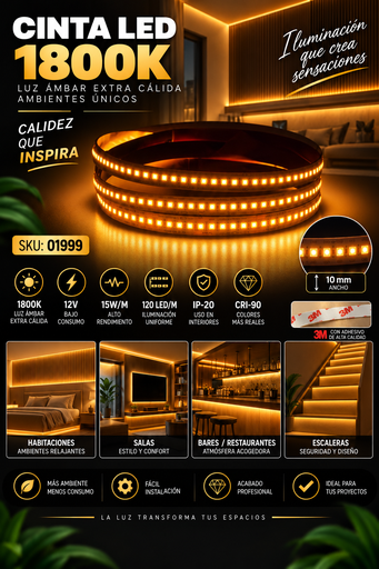 [01999] Cinta 1800K 12V 15W/M SWW120F10W12-2835 5 MT 10 mm CRI-90 120 LED/MT IP-20 3M Rojo AMBAR