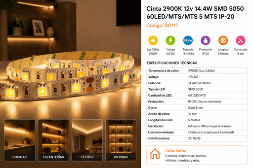 [00717] Cinta 2900K 12V 14.4W SMD 5050 60LED/MTS/MTS 5 MTS IP-20